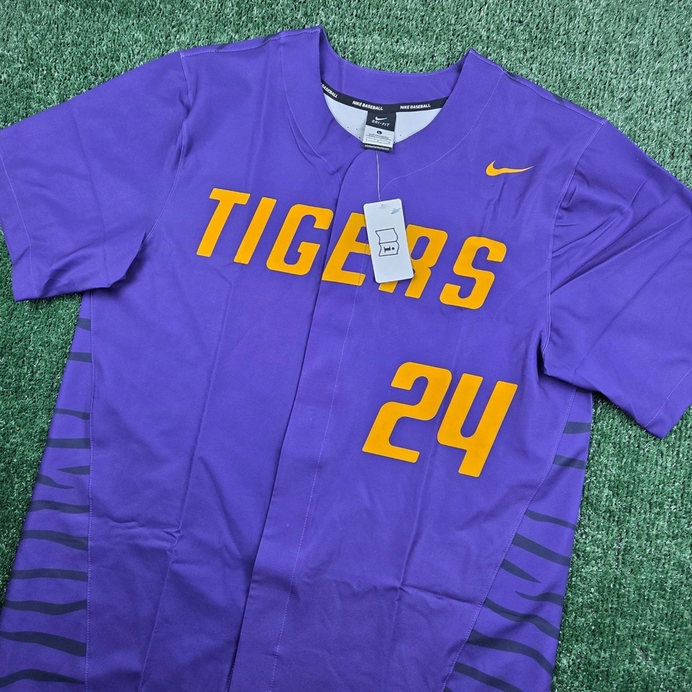 NWT Nike Baseball LSU Tigers Jersey Purple Gold Tiger Stripes Dri-FIT Mens Large